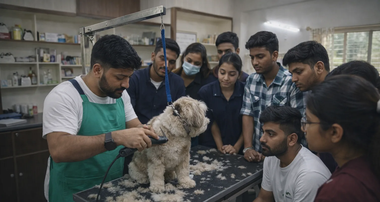 International Master Groomer Prateek Bilagali Ashok teaching professional dog grooming techniques to a student.