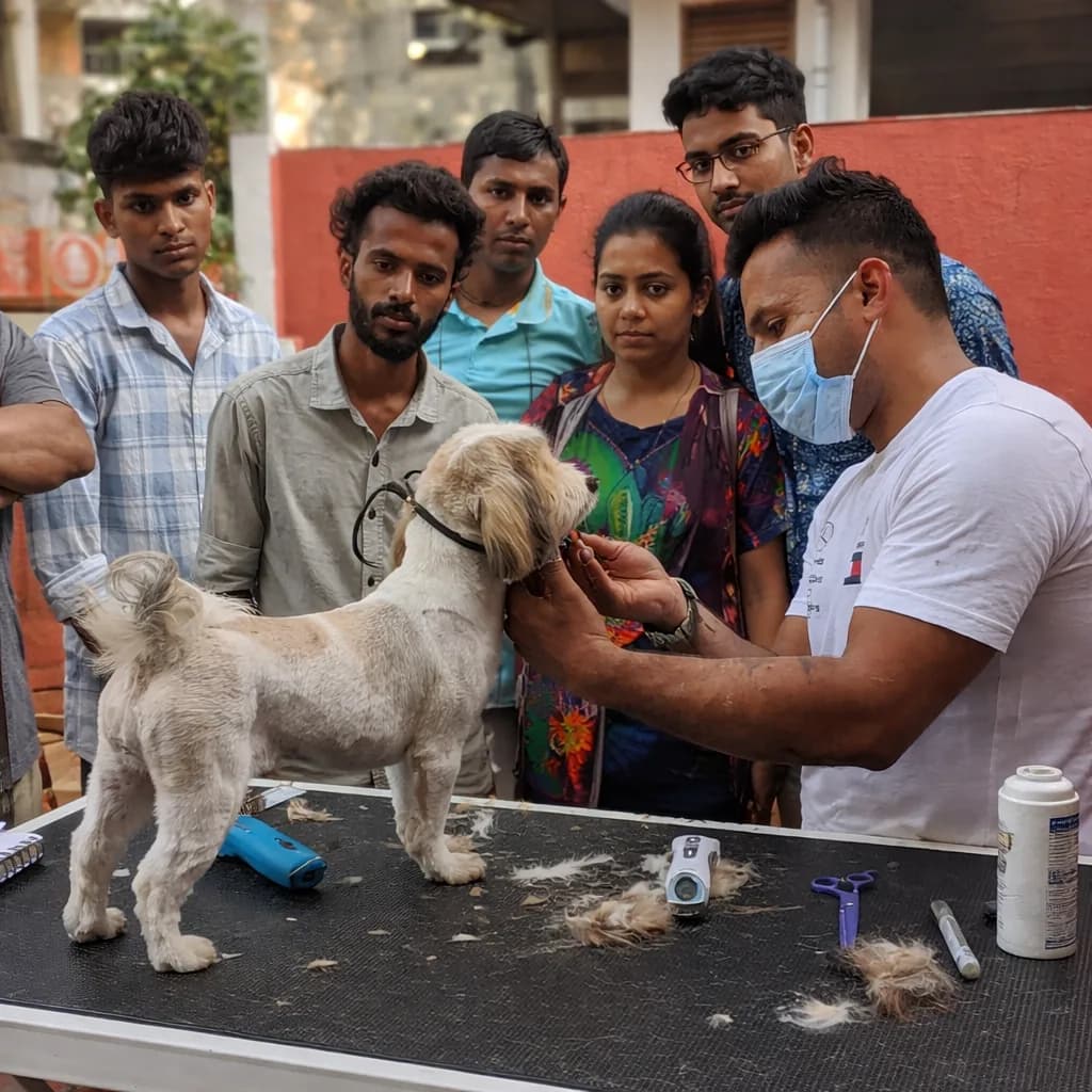 Professional pet grooming mentorship at IPPC Bengaluru, with students observing expert styling techniques.