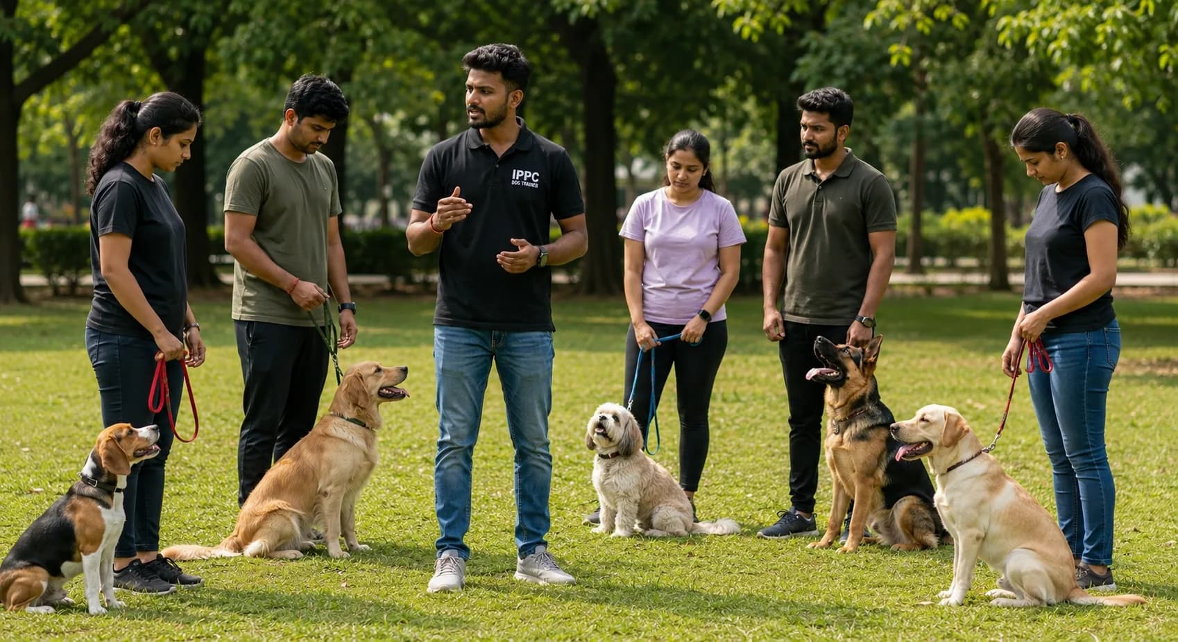 IPPC Dog Training Academy - Lead trainer in IPPC polo conducting a real-world canine training session with students and dogs.