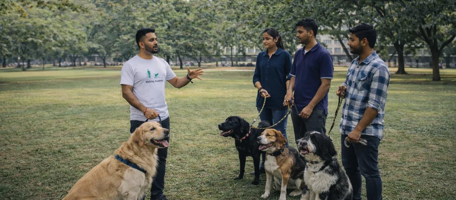 IPPC Walking Academy - Certified trainer conducting an urban dog walking and canine handling workshop in a park.
